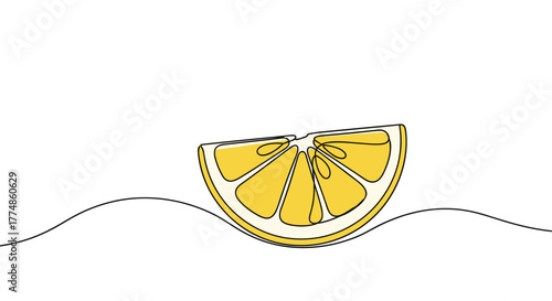 A vibrant yellow lemon slice depicted in a minimalist continuous line art style, with segments and pith, gracefully resting on a wavy line against a pure white background.