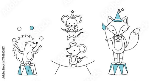 Cute cartoon circus animals perform various acts, including juggling, tightrope walking, and directing, on a clean white background.