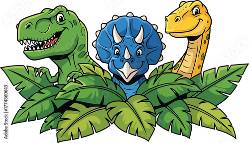 Cute Cartoon Dinosaurs in Jungle Leaves Vector Illustration
