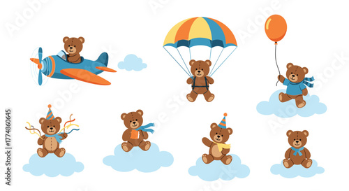 Adorable collection of cartoon teddy bears engaging in various aerial adventures like flying an airplane, parachuting, and floating on clouds with balloons.