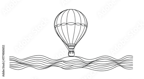 Simple line art illustration of a classic hot air balloon floating above a series of abstract wavy lines, conveying a sense of adventure and freedom.