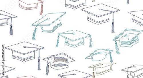 Seamless pattern featuring stylized outline drawings of graduation caps or mortarboards with tassels in various colors, symbolizing education, achievement, and academic success.