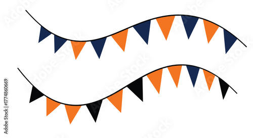 Two wavy strings of festive triangular flags, one alternating dark blue and orange, and the other black and orange, creating a simple party decoration.