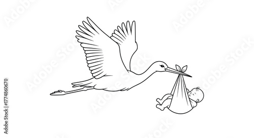 A black and white line art illustration of a stork flying with a baby in a bundle, representing the classic tale of baby delivery.