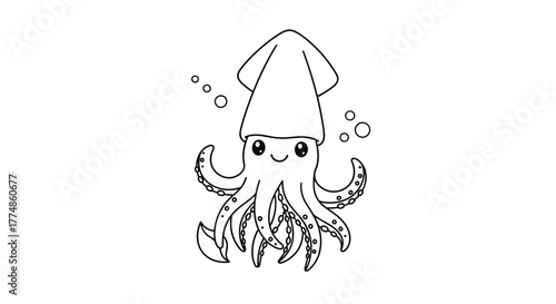 A delightful and friendly cartoon squid with big, bright eyes and a happy smile, depicted in a charming hand-drawn line art style, gracefully swims amidst small bubbles.