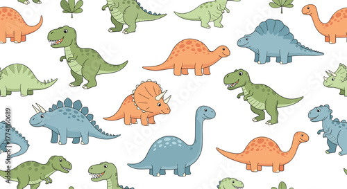 A cheerful and colorful seamless pattern featuring a delightful collection of cute cartoon dinosaurs, including T-Rex, Triceratops, and Brontosaurus, great for kids' designs.
