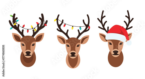 Stylized illustration of three festive reindeer heads decorated with colorful Christmas lights and a classic Santa hat, perfect for holiday designs.