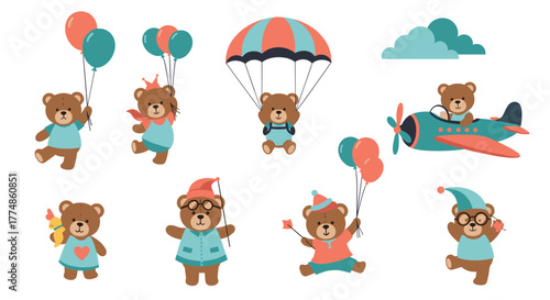 Cute cartoon teddy bears having fun with balloons, parachutes, and an airplane, depicting a playful and adventurous celebration.