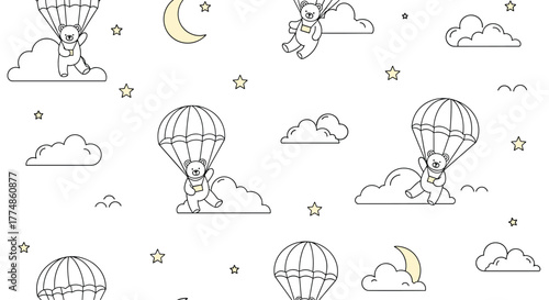 Whimsical seamless pattern with outline teddy bears in parachutes, floating among soft clouds, shiny stars, and yellow crescent moons.