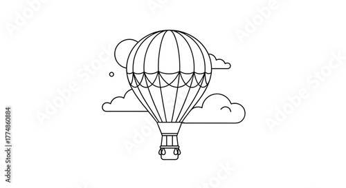 Simple line art illustration of a hot air balloon soaring through the sky among fluffy clouds, featuring a minimalist design perfect for various projects.