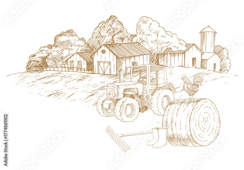 Tractor and the rooster on a haystack on a farm landscape. Vector ink styled handmade illustration. For packaging design, cards, cover, prints, product labels and fabric.