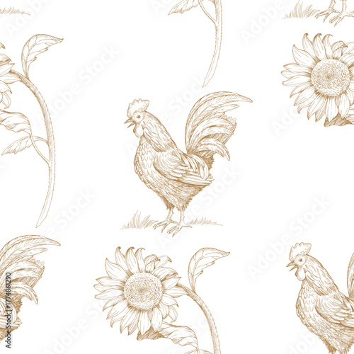 Tractor and haystack with the farm on a background. Vector ink styled handmade illustration. For packaging design, cards, cover, prints, product labels and fabric.