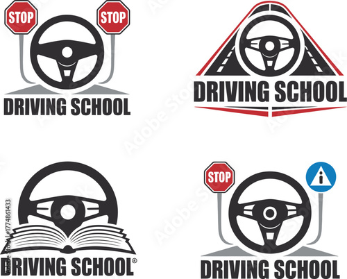 Collection of driving school logos with steering wheels and road signs