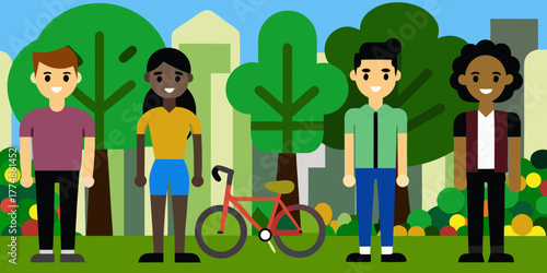 Eco-friendly lifestyle scene in flat vector with diverse young adults