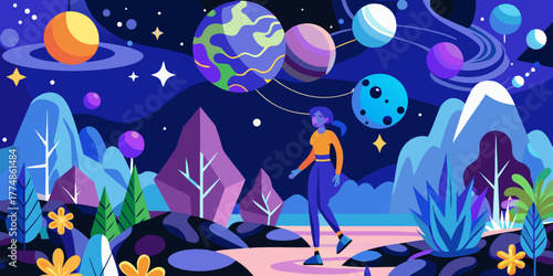 Fantastic Frontiers leisure scene in dreamlike vector landscape with a hobbyist explorer