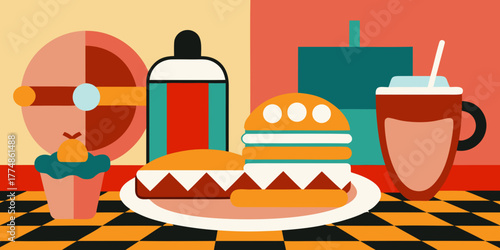 Retro kitchen tableau with vintage palette and bold flat shapes in a cohesive vector style