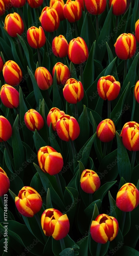 Fototapeta premium Classic springtime beauty captured with densely packed red and yellow tulips displaying fresh green leaves, symbolizing growth and seasonal change ,density ,growth ,freshness