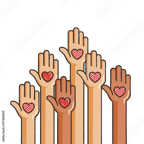 Hands Up for Unity and Love, Diverse hands icon logo flat vector design
