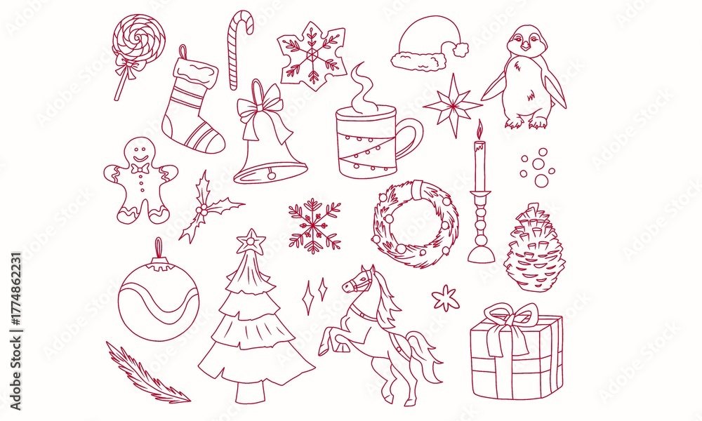 Fototapeta premium Red Christmas set of design elements. New Year symbol set.