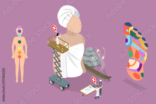 3D Isometric Flat Vector Illustration of Acupuncture, Traditional Chinese Medicine, A Holistic Approach To Healing Mind, Body, And Spirit.