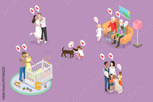 3D Isometric Flat Vector Illustration of Happy Family Moments, Portraying Love, Joy, And Togetherness In Human Relationships Concept.