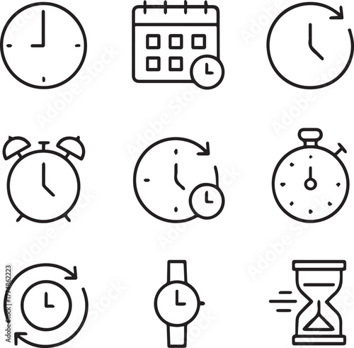 Line icon set featuring nine essential symbols for time management, scheduling, deadlines, and tracking progress, including clocks, calendars, stopwatch, hourglass, and alarm.