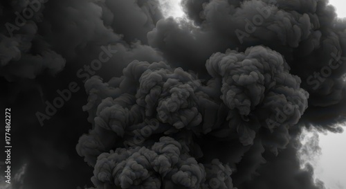 Thick, noxious black smoke billows upward, totally obscuring the sky and creating an apocalyptic, polluted atmosphere ,abstract, factory, apocalyptic