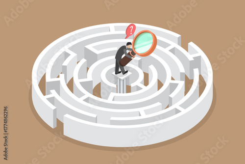 3D Isometric Flat Vector Illustration of Stuck In Maze, Man Seeking Solution For Business Problem