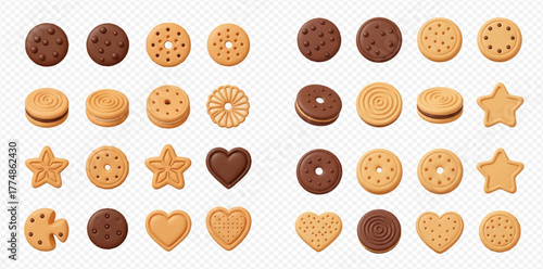 A large collection of various types of cookies, including chocolate chip, sandwich, shortbread, and heart-shaped biscuits, on a transparent background.