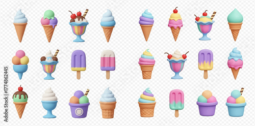 A vibrant collection of various 3D rendered ice creams, sundaes, and popsicles in different flavors and colors, set against a transparent background.