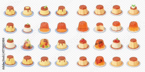 A collection of various sweet puddings and jellies on small plates, featuring different colors, shapes, and toppings.