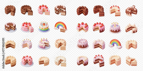 A large collection of various cakes and cake slices, including chocolate, vanilla, and fruit-topped designs, presented against a transparent background.