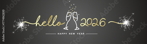 Happy 2026 New Year gold handwritten line design typography shapes 2026 with white sparkle fireworks and champagne glasses on black background banner