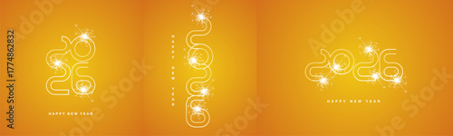 2026 Happy New Year event ultra modern neon line design numbers typography. Set collection of 2026 white yellow orange logo with sparkle firework for calendar, poster, banner and social media template