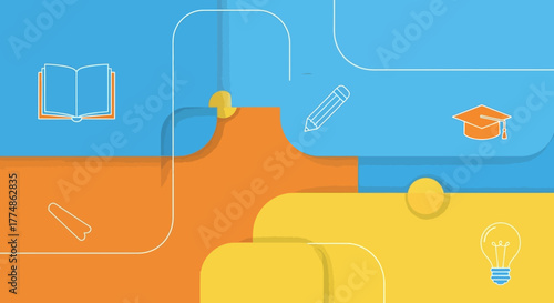 Modern flat design illustration with educational icons.