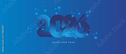 Happy New Year 2026. Black type typography in the shape of a ribbon for the year 2026 with stars all around. Abstract neon light blue and blue background