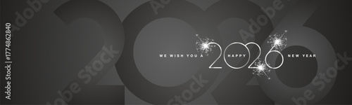 We wish You Happy New Year 2026. 2026 event modern design silver shining light typography sparkle fireworks with shadow numbers on black banner