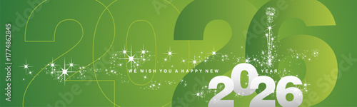 We wish you a Happy New Year 2026. Loading sparkler fireworks over bold outline and bold 2026 numbers in background. Silver white green greeting card