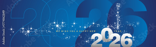 We wish you a Happy New Year 2026. Loading sparkler fireworks over bold outline and bold 2026 numbers in background. Silver white blue greeting card