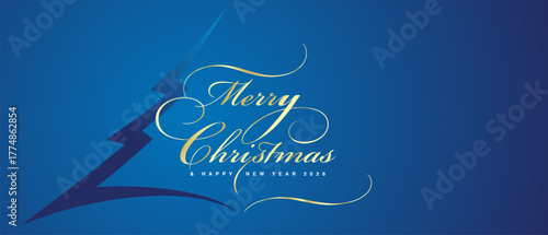 Merry Christmas and Happy New Year 2026 golden light elegant brush script calligraphy on cut out paper Christmas tree blue background greeting card