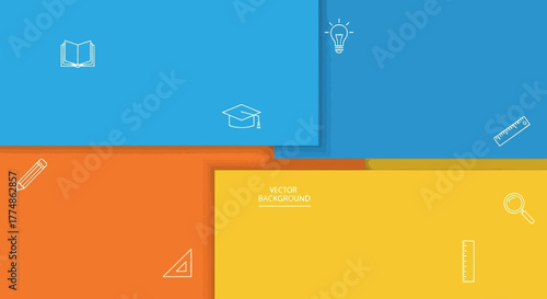 Abstract background with education icons and colorful blocks.