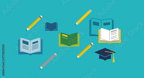 Educational books and pencils scattered on a teal background symbolizing learning and knowledge acquisition.