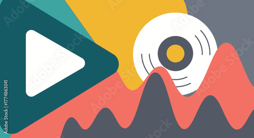 Abstract Audio Visualizer with Play Button and Vinyl Record.