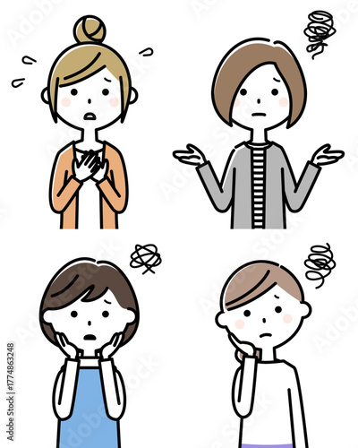 困っている若い女性のイラストセット