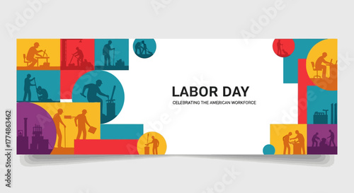 Labor Day Celebration with Diverse Workers Silhouettes and Colorful Geometric Design.