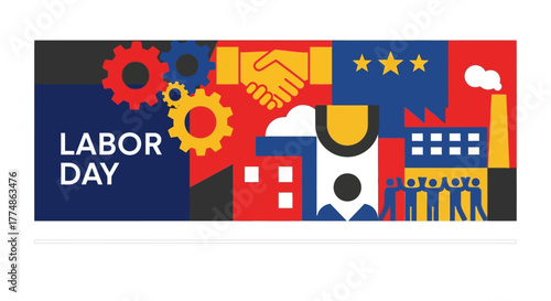 Labor Day Celebration with Gears Handshake and Industrial Elements.