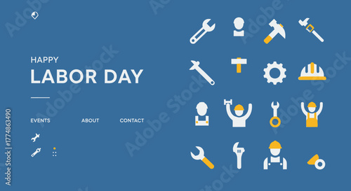Happy Labor Day with Tools and Workers Icons.