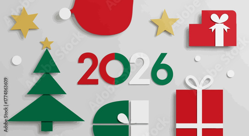 Festive paper cutouts for Christmas and New Year 2026 celebration.