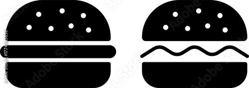 Simple black and white icons of a complete and deconstructed hamburger