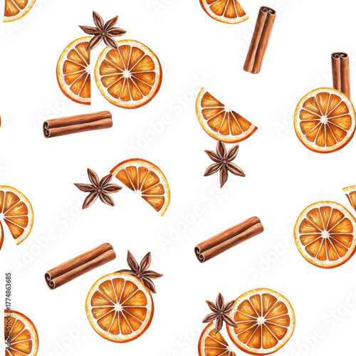 Seamless watercolor Christmas pattern with oranges, cinnamon, greenery, and spices. Festive citrus Christmas background.